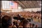 President George W. Bush addresses military personnel inside a hangar at MacDill Air Force Base in Tampa, Florida, Wednesday, March 26, 2003. White House photo by Paul Morse