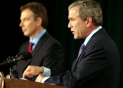 President George W. Bush and British Prime Minister Tony Blair conduct a joint news conference at Camp David concerning the war in Iraq Thursday, March 27, 2003. White House photo by Paul Morse