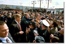 President George W. Bush greets U. S. Coast Guard personnel during his visit to the port in Philadelphia Monday, March 31, 2003.  White House photo by Tina Hager