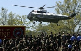 Traveling aboard Marine One, President George W. Bush and Laura Bush arrive at Camp Lejeune in Jacksonville, N.C., Thursday, April 3, 2003.  White House photo by Paul Morse