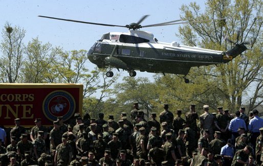 Traveling aboard Marine One, President George W. Bush and Laura Bush arrive at Camp Lejeune in Jacksonville, N.C., Thursday, April 3, 2003. White House photo by Paul Morse