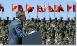 President George W. Bush addresses Marines at Camp Lejeune in Jacksonville, N.C., Thursday, April 3, 2003.  White House photo by Paul Morse