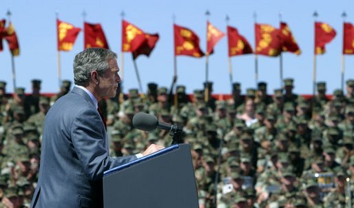 President George W. Bush addresses Marines at Camp Lejeune in Jacksonville, N.C., Thursday, April 3, 2003. White House photo by Paul Morse