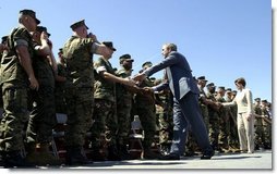 President George W. Bush and Mrs. Bush greet Marines at Camp Lejeune in Jacksonville, N.C., Thursday, April 3, 2003.  White House photo by Paul Morse