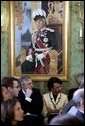 British Foreign Minister Jack Straw and National Security Advisor Dr. Condoleezza Rice listen to President George W. Bush and British Prime Minister Tony Blair during their joint press conference at Hillsborough Castle, near Belfast, Northern Ireland, Tuesday, April 8, 2003. White House photo by Paul Morse