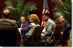 President George W. Bush meets with Iraqi-Americans for a roundtable discussion about the future of Iraq in Dearborn, Mich., Monday, April 28, 2003.   White House photo by Tina Hager