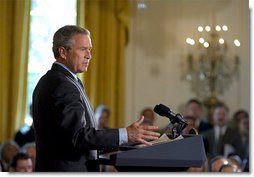 President George W. Bush discusses his Global HIV/AIDS Initiative in the East Room Tuesday, April 29, 2003. "Today, on the continent of Africa alone nearly 30 million people are living with HIV/AIDS, including 3 million people under the age of 15 years old. In Botswana, nearly 40 percent of the adult population -- 40 percent -- has HIV, and projected life expectancy has fallen more than 30 years due to AIDS," said the President.   White House photo by Paul Morse