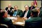 President George W. Bush participates in a homeland security briefing with Vice President Dick Cheney, left, and newly-appointed Homeland Security Advisor General John Gordon, center, in the Roosevelt Room Tuesday, April 29, 2003. White House photo by Eric Draper