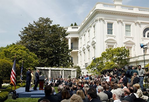 President George W. Bush welcomes the 2003 National and State Teachers of the Year during a ceremony in the East Garden Wednesday, April 30, 2003."I want to thank the teachers, who have traveled from all over the country, for being here today. Thank you for your dedication. Thank you for your hard and rewarding work. The 54 teachers we honor today deserve the respect and the gratitude of our entire nation. This is our way of thanking you all for your dedication, your service, and your love," President Bush said. White House photo by Paul Morse