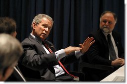 President George W. Bush talks with small business owners and employees during a roundtable discussion at the Robinson Center in Little Rock, Ark., Monday, May 5, 2003.  White House photo by Susan Sterner