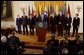 President George W. Bush addresses the Central European Foreign Ministers in the East Room May 8, 2003. "Just hours ago, the United States Senate voted unanimously to support NATO admission for Bulgaria, Estonia, Latvia, Lithuania, Romania, Slovakia and Slovenia," explained President Bush. "These heroic nations have survived tyranny, they have won their liberty and earned their place among free nations. America has always considered them friends, and we will always be proud to call them allies." White House photo by Tina Hager.