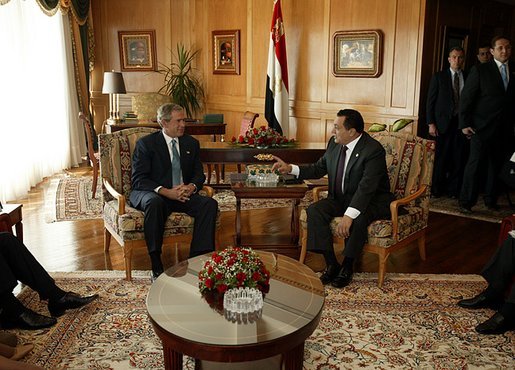 President George W. Bush and President Hosni Mubarak of Egypt during a meeting at the Red Sea Summit in Sharm El Sheikh, Egypt June 3, 2003. White House photo by Paul Morse.