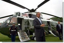 President George W. Bush condemns the bombing in Jerusalem upon his departure from Grant Park in Chicago Wednesday, June 11, 2003. The President visited Chicago to address the Illinois State Medical Society.   White House photo by Paul Morse