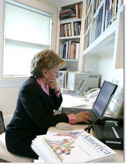 Lynne Cheney responds to questions during a Web chat on "Ask the White House," an online forum that gives people nationwide the opportunity to correspond with White House officials, from the Vice President's Residence in Washington, D.C., Wednesday, June 18, 2003.  White House photo by David Bohrer