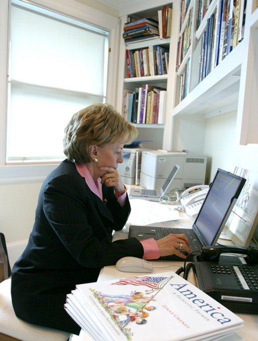 Lynne Cheney responds to questions during a Web chat on "Ask the White House," an online forum that gives people nationwide the opportunity to correspond with White House officials, from the Vice President's Residence in Washington, D.C., Wednesday, June 18, 2003. White House photo by David Bohrer