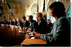 President George W. Bush answers questions from reporters before a bipartisan meeting with senators on Medicare reform in the Cabinet Room Wednesday, June 18, 2003.  White House photo by Paul Morse