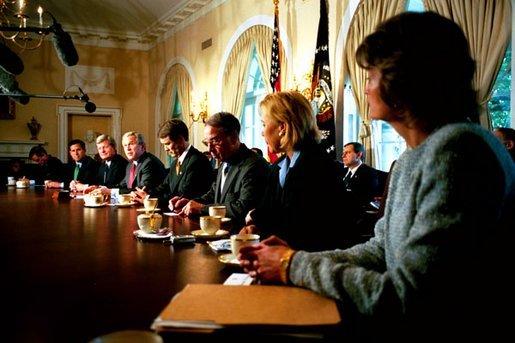 President George W. Bush answers questions from reporters before a bipartisan meeting with senators on Medicare reform in the Cabinet Room Wednesday, June 18, 2003. White House photo by Paul Morse