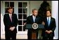 Announcing the national "Do Not Call Registry," President George W. Bush stands with Federal Trade Commission Chairman Timothy Muris, left, and Federal Communications Commission Chairman Michael Powell in the Rose Garden Friday, June 28, 2003. The registry protects privacy by blocking incoming telemarketing calls. White House photo by Susan Sterner