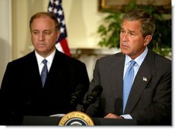 President George W. Bush announces his nomination of Randall Tobias to be the Coordinator for International HIV/AIDS Assistance in the Roosevelt Room Wednesday, July 2, 2003. A newly-created position, the coordinator will have the rank of Ambassador and oversee all U.S. international HIV/AIDS assistance.  White House photo by Paul Morse