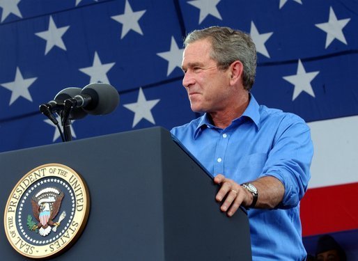 President George W. Bush delivers remarks celebrating our National Independence Day, commemorating the 100th anniversary of flight, and honoring our troops at Wright-Patterson Air Force Base in Dayton, Ohio, July 4, 2003. White House photo by Tina Hager