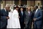 President George W. Bush departs a meeting with leaders of Western African democracies at the Presidential Palace in Dakar, Senegal, Tuesday morning, July 8, 2003. Leaders present in the meeting were from Benin, Cape Verde, Gambia, Ghana, Mali, Niger, Senegal and Sierra Leone. White House photo by Paul Morse.