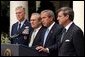 Listing recent achievements reached in Iraq, President George W. Bush holds a press conference in the Rose Garden, Wednesday, July 23, 2003. Standing with the President are Chairman of the Joint Chiefs of Staff General Richard Myers, Secretary of Defense Donald Rumsfeld and Presidential Envoy to Iraq Ambassador Paul Bremer. White House photo by Paul Morse