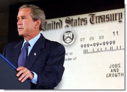 President George W. Bush delivers remarks at the Department of the Treasury’s Philadelphia Financial Management Service Facility July 24, 2003.  White House photo by Tina Hager