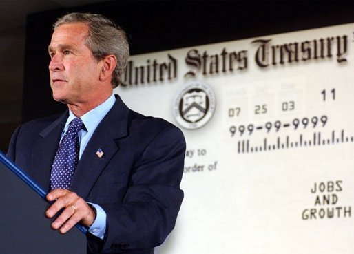 President George W. Bush delivers remarks at the Department of the Treasury’s Philadelphia Financial Management Service Facility July 24, 2003. White House photo by Tina Hager