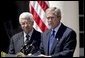 President George W. Bush and Palestinian Prime Minister Mahmoud Abbas hold a joint press conference in the Rose Garden Friday, July 25, 2003. "To break through old hatreds and barriers to peace, the Middle East needs leaders of vision and courage and a determination to serve the interest of their people. Mr. Abbas is the first Palestinian Prime Minister, and he is proving to be such a leader," said President Bush. White House photo by Paul Morse