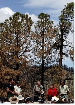 President George W. Bush talks about his Healthy Forests Initiative during a visit to the Coronado National Forest in Summerhaven, Ariz., with, from left, Incident Commander Dan Oltrogge, District Ranger Ron Senn, Secretary of Agriculture Ann Veneman, and Chief of the National Forest Service Dale Bosworth.   White House photo by Susan Sterner