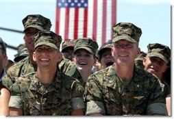 Marines react to remarks by President George W. Bush to military personnel and their families at Marine Air Corps Station Miramar near San Diego, CA on August 14, 2003.  White House photo by Paul Morse