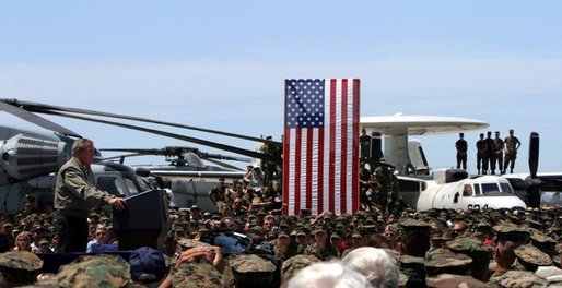 President George W. Bush makes remarks to military personnel and their families at Marine Air Corps Station Miramar near San Diego, CA on August 14, 2003. White House photo by Paul Morse.