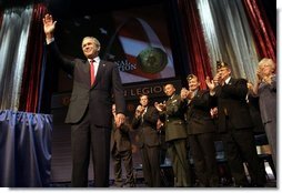 President George W. Bush addresses the 85th Annual American Legion Convention in St. Louis, Mo., Tuesday, Aug. 26, 2003. "In the 20th century, the American flag and the American uniform stood for something unique in history," President Bush said in his remarks. "America's armed forces humbled tyrants and raised up and befriended nations that once fought against us."  White House photo by Paul Morse