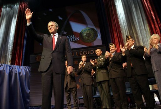 President George W. Bush addresses the 85th Annual American Legion Convention in St. Louis, Mo., Tuesday, Aug. 26, 2003. "In the 20th century, the American flag and the American uniform stood for something unique in history," President Bush said in his remarks. "America's armed forces humbled tyrants and raised up and befriended nations that once fought against us." White House photo by Paul Morse.