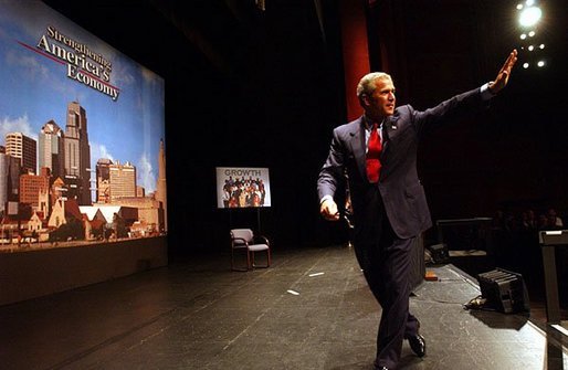 Discussing the economy, President George W. Bush talks about the impact of tax cuts on families, senior citizens and small business owners during his remarks in Kansas City, Mo., Thursday, Sept. 4, 2003. "These Americans were helped by tax relief. Had we not taken action, this economy would have been in a deeper recession. It would have been longer, and as many as 1.5 million Americans who went to work this morning would have been out of a job." White House photo by Tina Hager