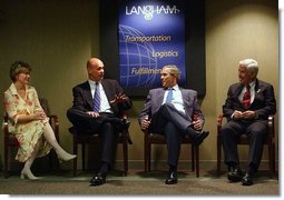 Sitting with Sen. Richard Lugar, R-Ind., President George W. Bush talks with Cathy and Greg Habegger in Indianapolis, Indiana, Friday, Sept. 5, 2003  White House photo by Tina Hager