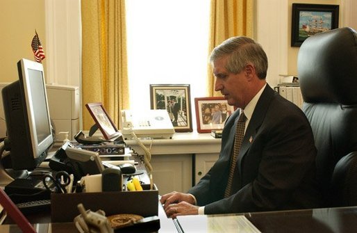 White House Chief of Staff Andy Card participates in Ask the White House, a 30-minute online forum which allows citizens to communicate with White House officials. White House photo by Tina Hager