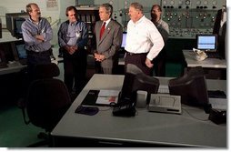 President George W. Bush meets with employees of the Detroit Edison's Monroe Power Plant in Monroe, Mich., Monday, Sept. 15, 2003. "For all the workers who work here, I want you to know you're providing an important service," said the President in his remarks. "You're creating the conditions so people can find a job. You're working hard to make sure somebody can turn on a light switch and they can realize the comforts of modern life."  White House photo by Tina Hager