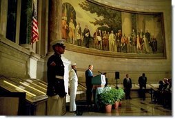 President George W. Bush delivers remarks at the rededication ceremony of the National Archives Wednesday, Sept. 17, 2003. During the ceremony, the Declaration of Independence, the Constitution, and the Bill of Rights were unveiled. "In the course of two centuries, the ideals of our founding documents have defined America's purposes in the world," said the President. "Since July 4th, 1776, to this very day, Americans have seen freedom's power to overcome tyranny, to inspire hope even in times of great trial, to turn the creative gifts of men and women to the pursuits of peace."  White House photo by Paul Morse