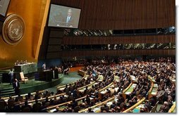 President George W. Bush addresses the United Nations General Assembly in New York City Tuesday, Sept. 23, 2003. "Iraq as a dictatorship had great power to destabilize the Middle East; Iraq as a democracy will have great power to inspire the Middle East," said President Bush in his remarks.  White House photo by Tina Hager