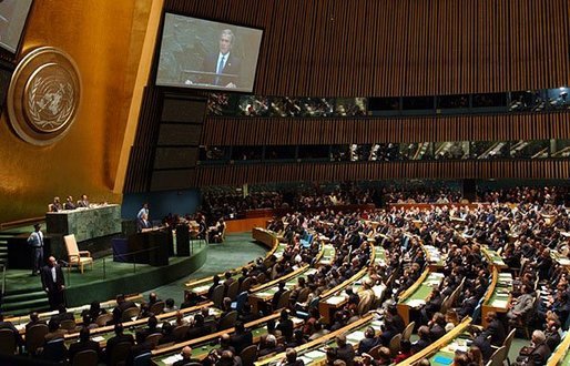 President George W. Bush addresses the United Nations General Assembly in New York City Tuesday, Sept. 23, 2003. "Iraq as a dictatorship had great power to destabilize the Middle East; Iraq as a democracy will have great power to inspire the Middle East," said President Bush in his remarks. White House photo by Tina Hager