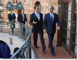 President George W. Bush meets with California Governor-Elect Arnold Schwarzenegger at the President's hotel in Riverside, Calif., Thursday, Oct. 16, 2003.  White House photo by Eric Draper