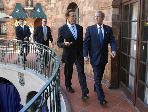 President George W. Bush meets with California Governor-Elect Arnold Schwarzenegger at the President's hotel in Riverside, Calif., Thursday, Oct. 16, 2003. White House photo by Eric Draper