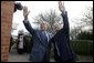 President George W. Bush and Prime Minister Tony Blair wave to onlookers during the President’s visit to the Blair’s home. White House photo by Eric Draper.