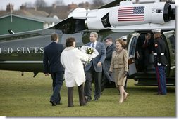 President George W. Bush and Mrs. Laura Bush arrive at Prime Minister Tony Blair and Mrs. Blair’s home, Myrobella House, Trimdon Station.  White House photo by Eric Draper