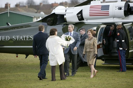 President George W. Bush and Mrs. Laura Bush arrive at Prime Minister Tony Blair and Mrs. Blair’s home, Myrobella House, Trimdon Station. White House photo by Eric Draper.