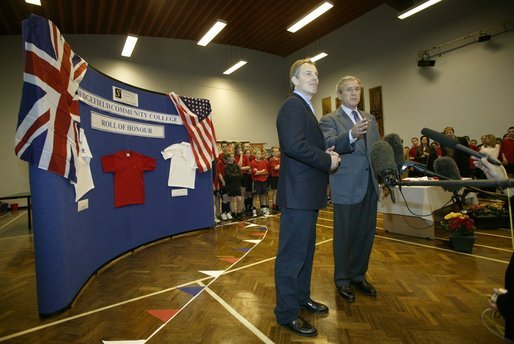 President George W. Bush and Mrs. Laura Bush participate in a visit with Prime Minister Tony Blair and Mrs. Blair at Sedgefield Community College. White House photo by Eric Draper.