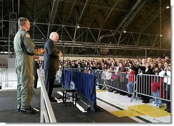 Vice President Dick Cheney thanks McChord Air Force Base airmen and Fort Lewis soldiers for their dedicated service in Operation Enduring Freedom and Operation Iraqi Freedom during his visit to McChord Air Force Base, Wash., Dec. 22, 2003. Troops from both bases have been actively fighting in the Global War on Terror since October 2001.  White House photo by David Bohrer