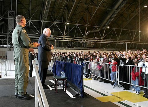 Vice President Dick Cheney thanks McChord Air Force Base airmen and Fort Lewis soldiers for their dedicated service in Operation Enduring Freedom and Operation Iraqi Freedom during his visit to McChord Air Force Base, Wash., Dec. 22, 2003. Troops from both bases have been actively fighting in the Global War on Terror since October 2001. White House photo by David Bohrer.