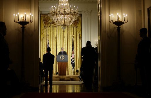 President George W. Bush discusses his immigration policy in the East Room Wednesday, Jan. 7, 2004. "We must make our immigration laws more rational, and more humane. And I believe we can do so without jeopardizing the livelihoods of American citizens," said President Bush. White House photo by Paul Morse.